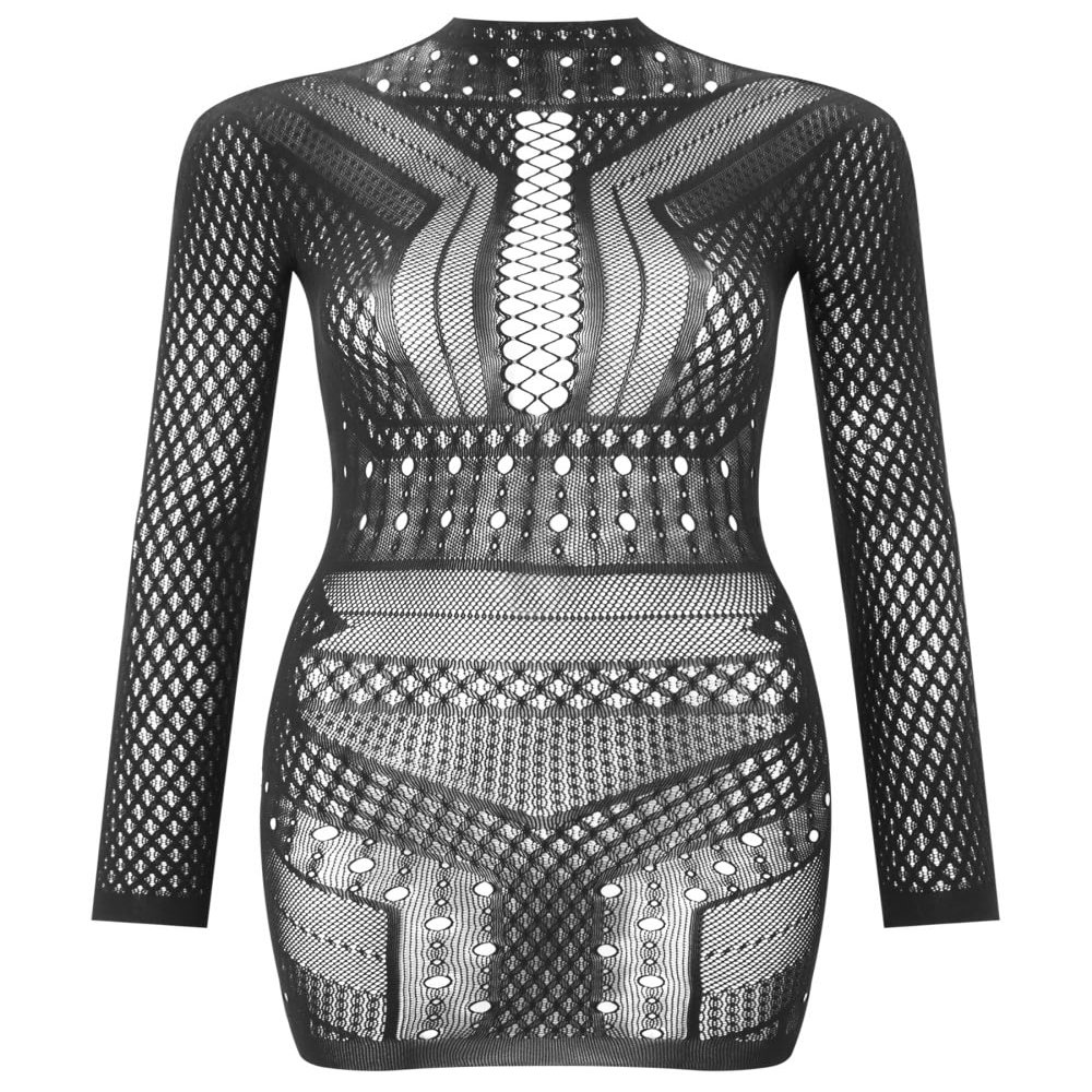 Ann Summers Janelle Bodycon Dress Long Sleeve Womens Mini Dress with Criss-Cross Panelling, Lace & Mesh Detail Daring Bedroom Outfit or Party Wear for Women - Black