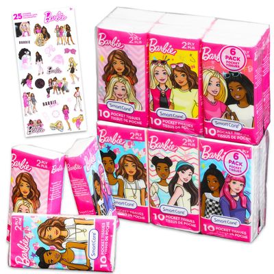 Barbie Pocket Size Facial Tissue Set - 12 Packs of 10 Sheets (120 Tissues) Plus Stickers | Barbie Disposal Tissues for Travel, School, Classroom