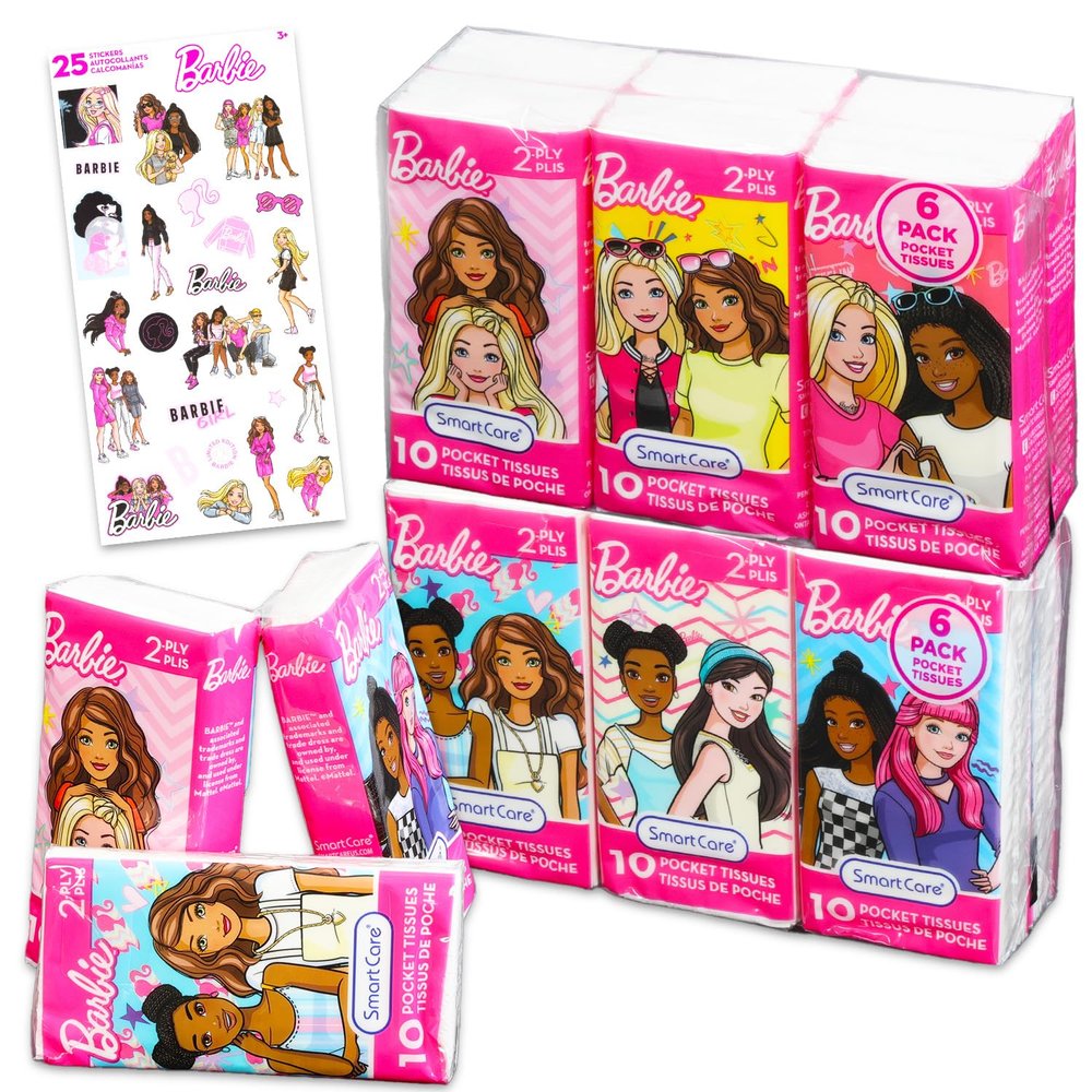 Barbie Pocket Size Facial Tissue Set - 12 Packs of 10 Sheets (120 Tissues) Plus Stickers | Barbie Disposal Tissues for Travel, School, Classroom