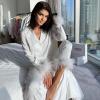 Women's Satin Pyjamas Set Christmas Party Pyjamas Long Elegant Nightwear Two Piece Sexy V-Neck Button Down Feather Plain Pyjama Set Sleep Shirt Winter Loungewear Casual Sleepwear, White, M view 2