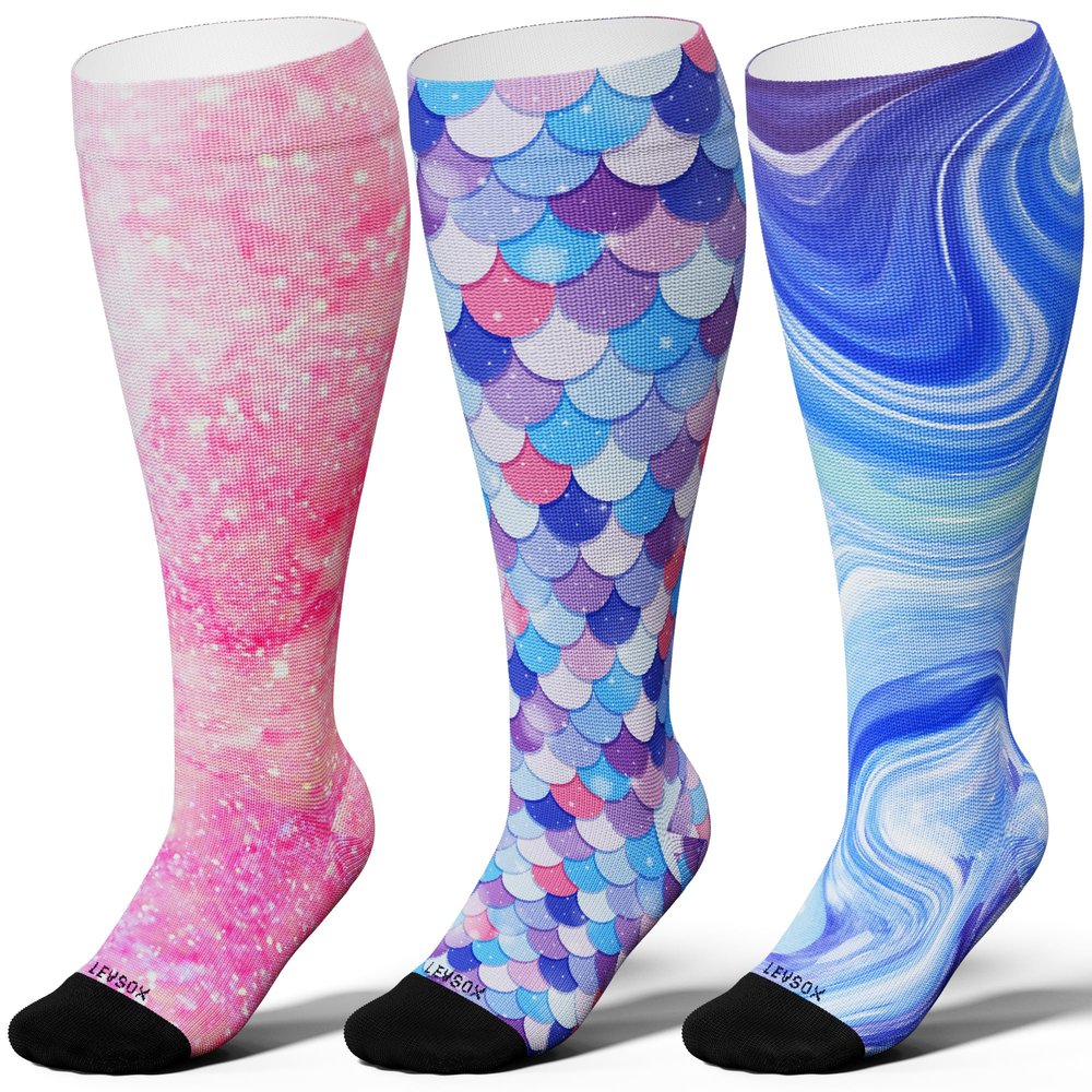 Compression Socks Wide Calf for Women & Men Extra Large Size Circulation 15-20 mmHg, 3 Pairs/Aurora/Stars/Fish Scales, XL