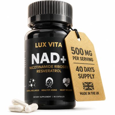 NAD+ Supplement 500mg Nicotinamide Riboside (NR) with Quercetin & Trans-Resveratrol | High Strength NR Complex, 80 Vegan Capsules, 40 Servings | Energy & Tiredness Support | LuxVita