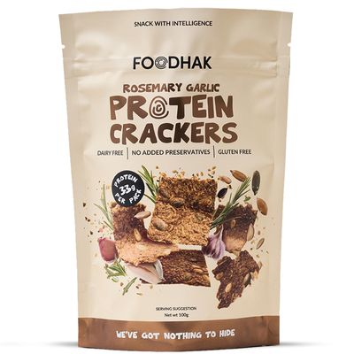 FOODHAK Rosemary and Garlic Protein Crackers Gluten-Free Healthy Snack with Chia, Pumpkin, Flaxseed, and Sunflower Seeds - Plant-Based, High-Protein, Oven-Baked, Resealable (100g)