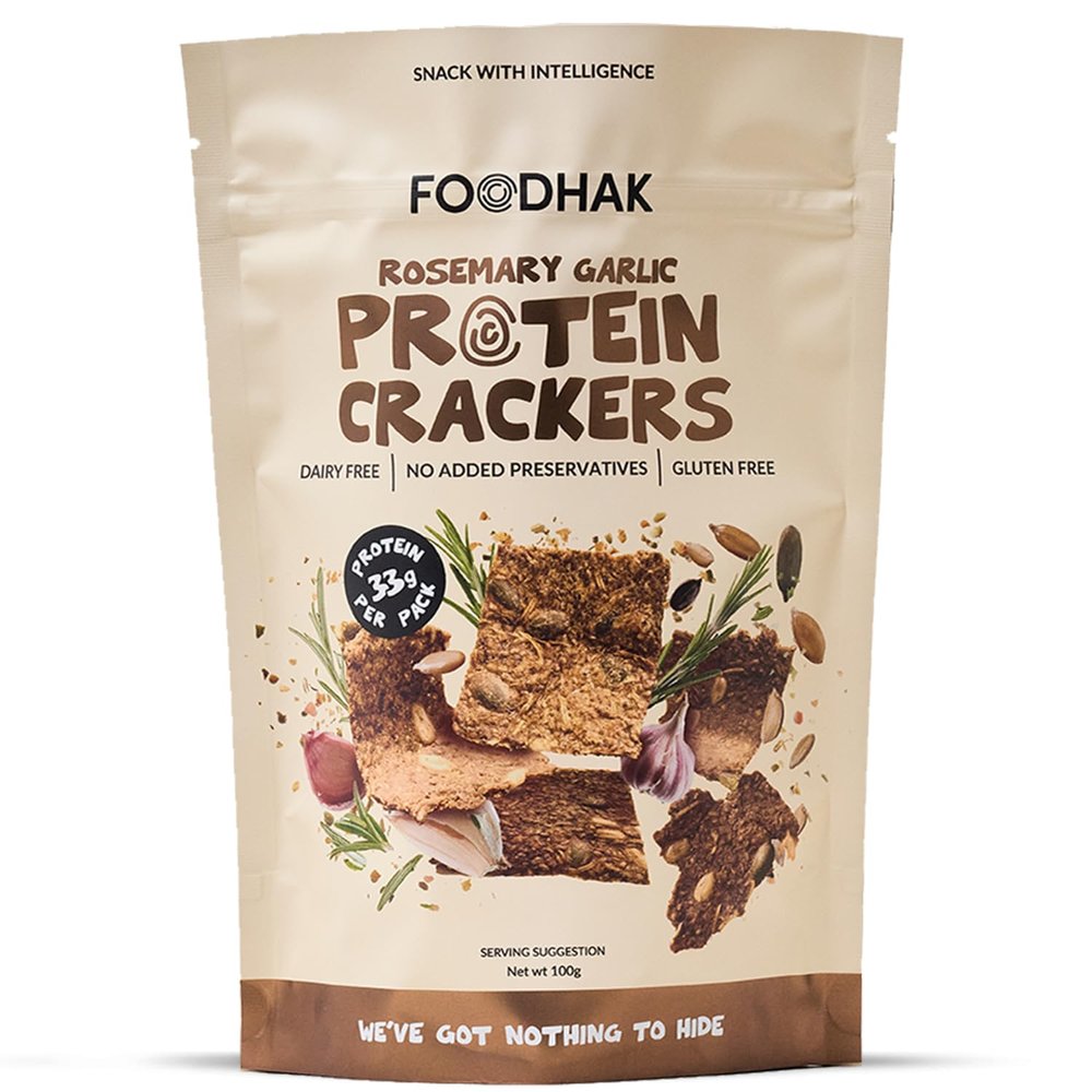 FOODHAK Rosemary and Garlic Protein Crackers Gluten-Free Healthy Snack with Chia, Pumpkin, Flaxseed, and Sunflower Seeds - Plant-Based, High-Protein, Oven-Baked, Resealable (100g)
