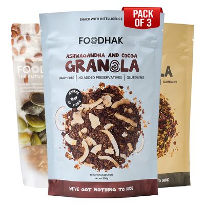 FOODHAK Granola Variety Gluten Free Granola Breakfast Cereal Pack of 3 (3 x 300g) Made In UK Comes with Ashwagandha & Cocoa,Pumpkin Spice,Homemade Maple Syrup Vegan, No Refined Sugar