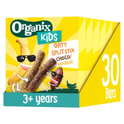 Organix Kids Oaty Split Stix Choco & Banana Snack Bars, High in Fibre, Multipack, 5 x 23 g Bars Per Box (6 Boxes Total)