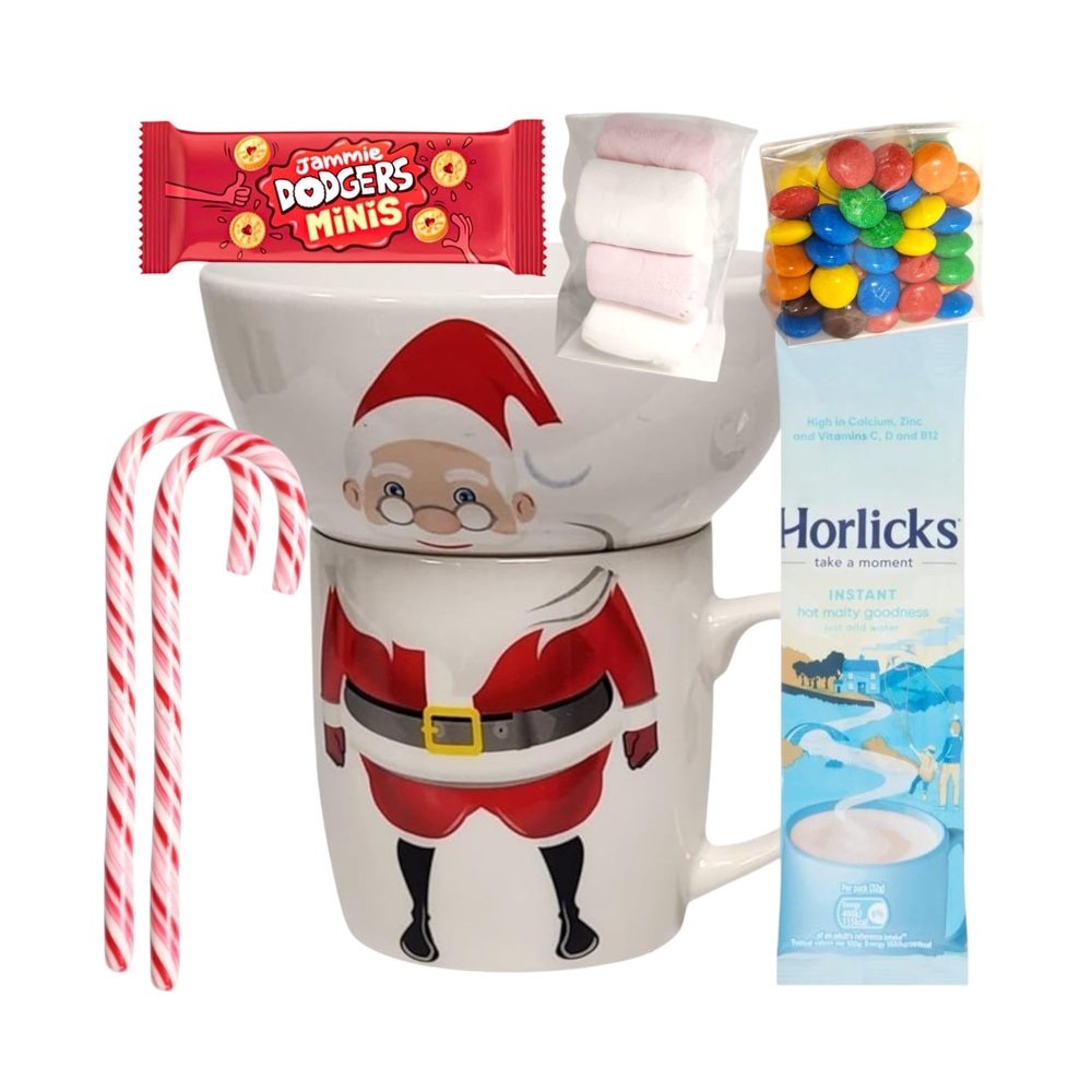Divas World Santa Mug and Bowl Set with Horlick, Marshmallows, Candy Canes, Jammie Dodgers Minis, and Chocolate Treats (WD002, Hamper Size)