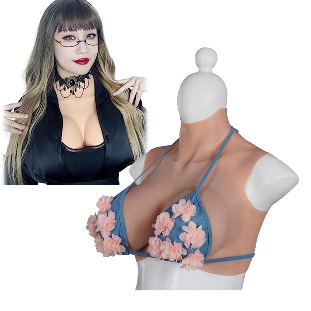 Silicone/Cotton Filled Breastplate Fake Boobs Realistic High Collar Huge Cup Soft Breast for Crossdressers Drag Queen,Color 2,Silk CUP`D