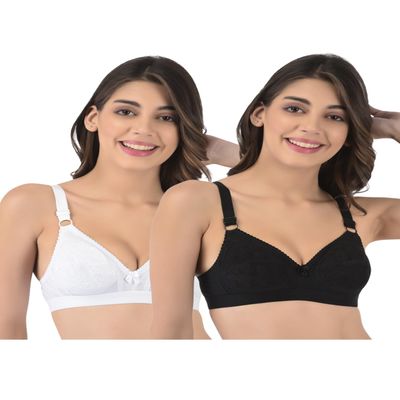 Rupa Softline Women's Cotton Wire Free Classic Full Coverage Bra (Pack of 2), White - Black, 34B