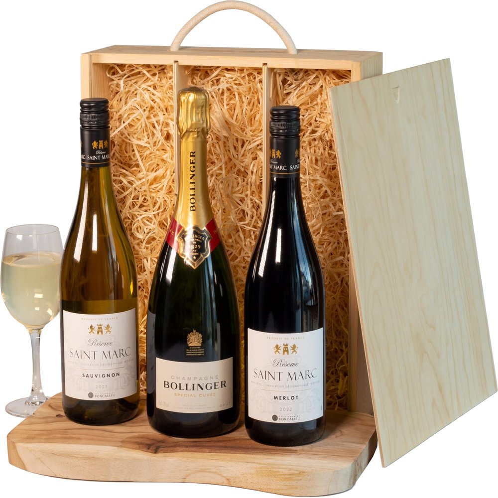 InterHamper | Bollinger Champagne and Wine Trio Hamper presented in a Wooden Box