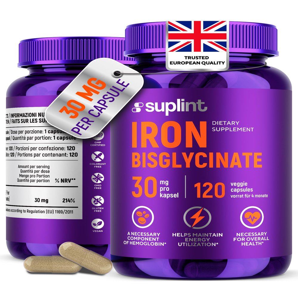 Iron Bisglycinate 30 mg High Dose & Well Tolerated High Absorption Iron Supplement 120 Vegan Capsules EU Lab Tested (1 Pack)