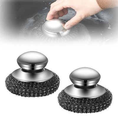 Steel Wool Scrubber, 2024 Upgraded Stainless Steel Wool Scrubber with Handle, Detachable Metal Scrubber Wool Pads Cleaning Brush for Pots, Stoves, Grills, Dishes(2PCS)