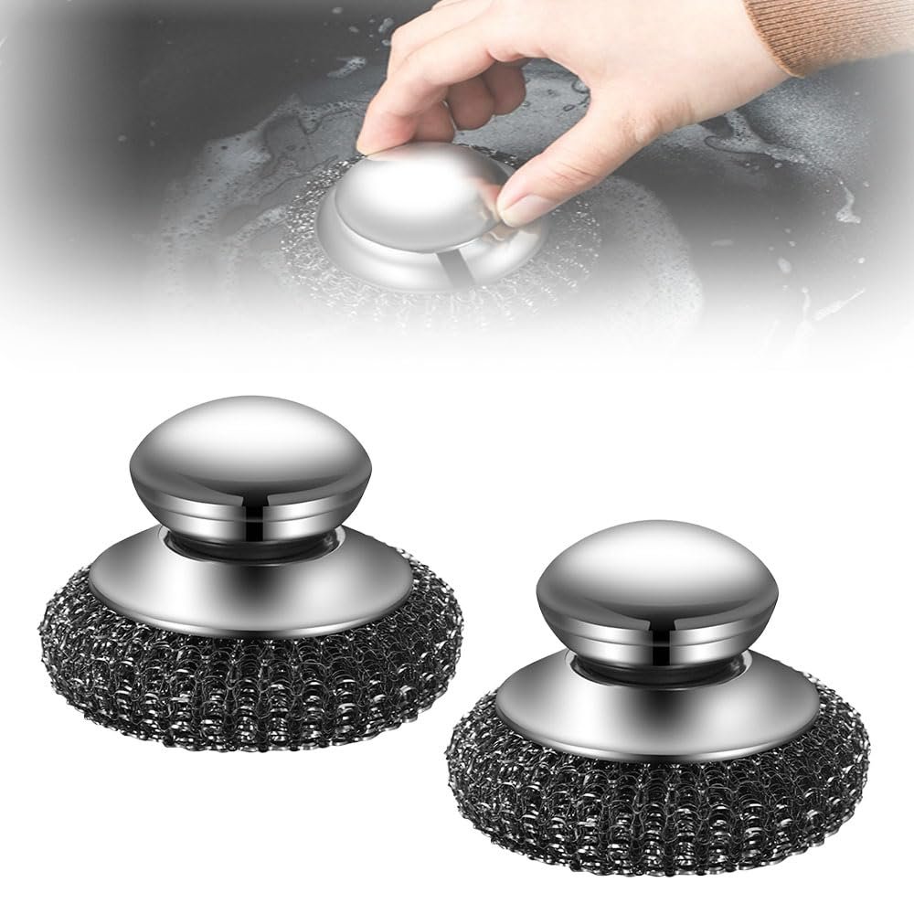 Steel Wool Scrubber, 2024 Upgraded Stainless Steel Wool Scrubber with Handle, Detachable Metal Scrubber Wool Pads Cleaning Brush for Pots, Stoves, Grills, Dishes(2PCS)