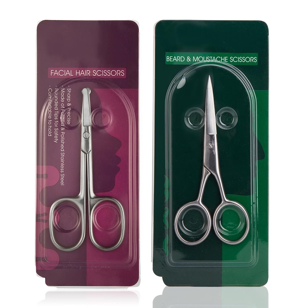 Astrowinter Nose Hair Scissors (Rounded Tip) & Beard Scissors - Safety Blunt-tip Facial Hair Scissors for Nose Hair, Moustache and Beard, Eyebrows, Eyelashes, Ear Hair AW-061-UK-C