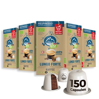 Coffee Lungo Forte Big Box, 150 Coffee Capsules Compatible with Nespresso Capsule Machines, 100% Industrial Compostable by La Natura LIfestyle