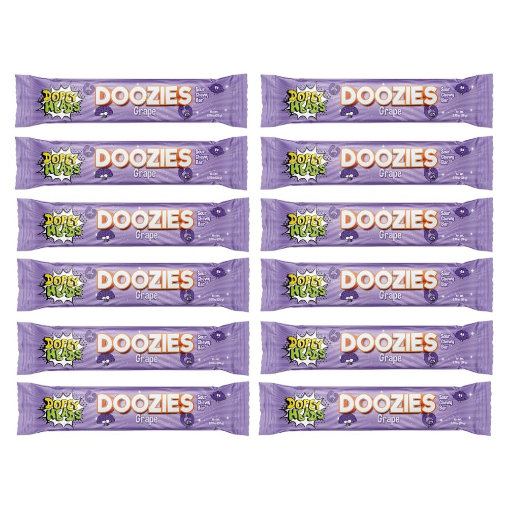 Dopey Heads | Doozies | Sour Chewy and Styretchy Bar | HALAL | Vagetarian | Grape | Chewy and Stretchy | 20g (0.71oz) Each | Pack of 12 | Weight 240g (Grape)