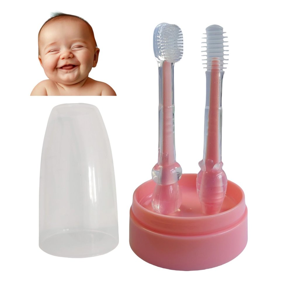 FOREVIVE Baby Tooth Brush, Infant Toothbrush 6 to 12 Months and0-6 Months,Silicone Toothbrush, Newborn Tongue and Mouth Cleaner Set, Good Idea for Baby First Toothbrush(Pink)