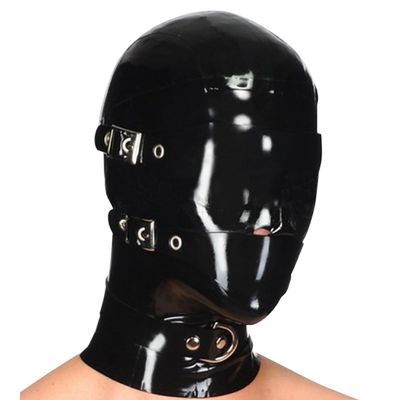 Black Latex Hooded Masks,Handmade Rubber Hood Mask with Back Zipper and Removable Blindfold and Mouthpiece, Black, XXL