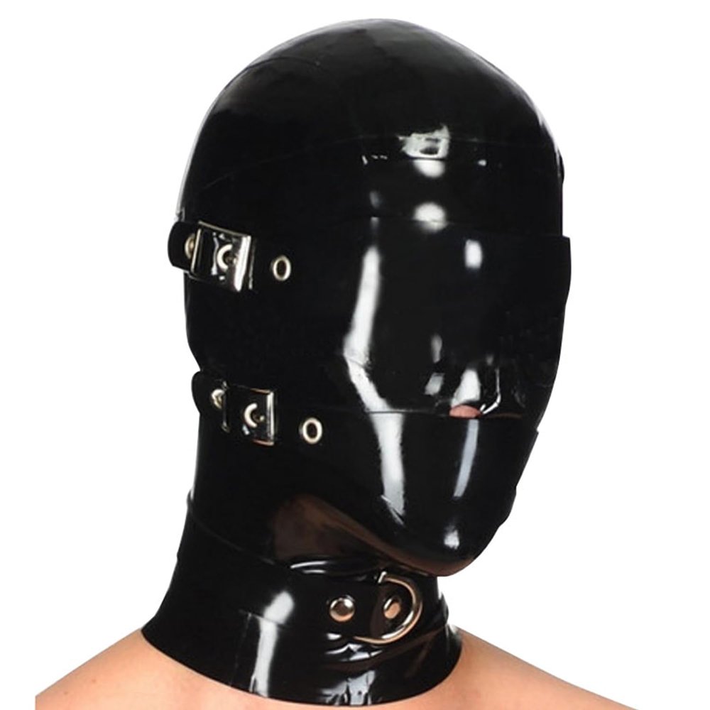 Black Latex Hooded Masks,Handmade Rubber Hood Mask with Back Zipper and Removable Blindfold and Mouthpiece, Black, XXL
