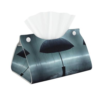 Black Umbrella in The rain Long Tissue Box Cover, Leather Tabletop Decorative Tissue Bag, Suitable for Bedside Table, Workbench Home