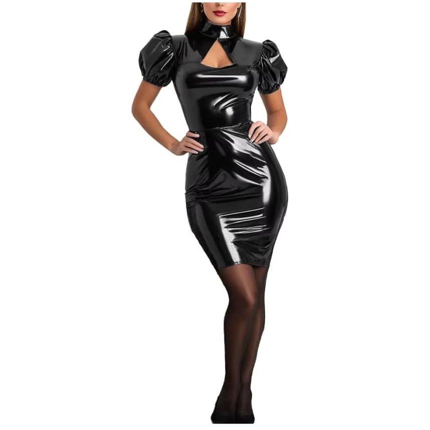 Vinyl Dress Patent Leather Short Puff Sleeve Plus Size Women Clothing Bodycon PVC Sissy Costume Faux Latex Streetwear Customizable,Black,7XL