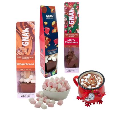Gnaw Flavoured Hot Chocolate Gift Set Gingerbread, Christmas, and Hazelnut Stocking Fillers & Christmas Eve Box with 100g Marshmallows Luxury Hot Chocolate Stirrers for Festive Treats