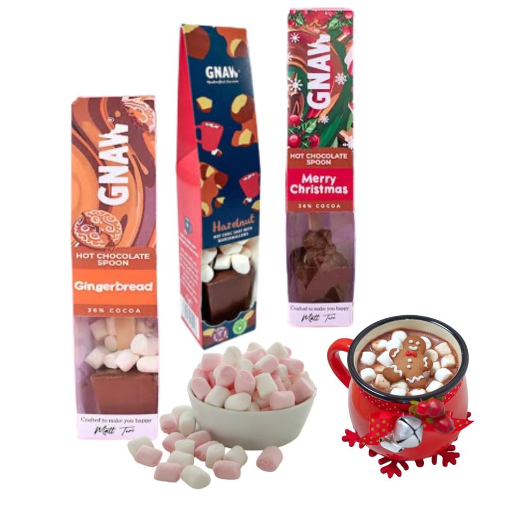 Gnaw Flavoured Hot Chocolate Gift Set Gingerbread, Christmas, and Hazelnut Stocking Fillers & Christmas Eve Box with 100g Marshmallows Luxury Hot Chocolate Stirrers for Festive Treats