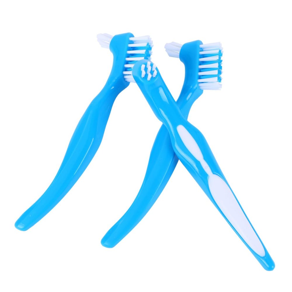 HOMOCONO 3pcs Double Sided Denture Toothbrush Set with Anti-Slip Handle, Firm Bristle False Teeth Cleaner for Home Use, Portable Denture Cleaning Brush for Adults
