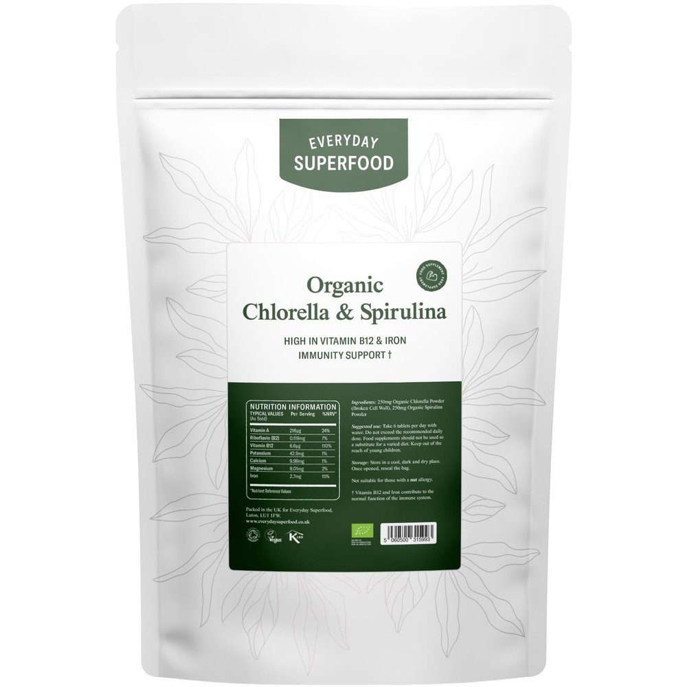 Everyday Superfood Organic Chlorella & Spirulina Tablets 500mg, 3600 Broken Cell Wall Chlorella & Raw Spirulina Cold Pressed Tablet