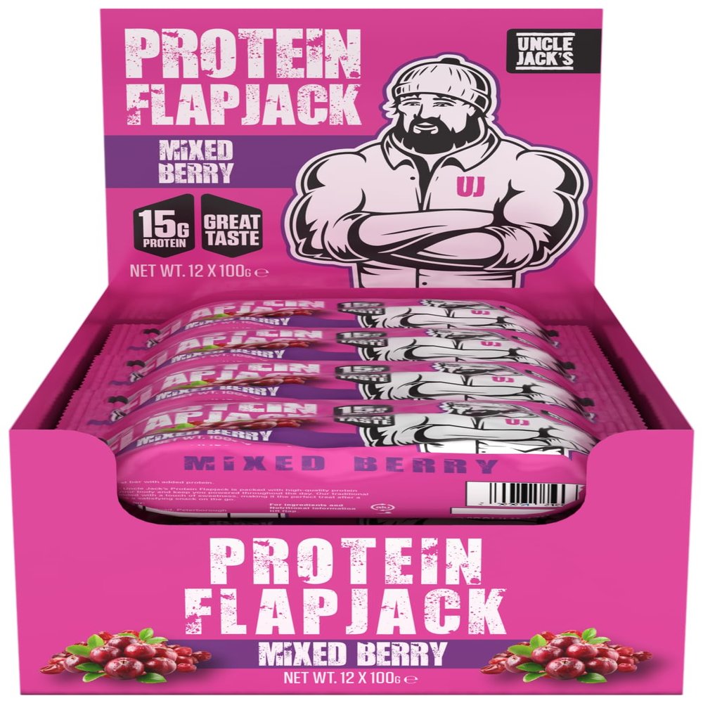 Uncle Jack's Protein Flapjacks 12 x 100g - | 15g Protein | High Protein | 440kcal per bar | Mixed Berry