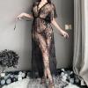 cxbyjyg Sheer see-through sexy lingerie plus-size pajamas lace sheer hollowed-out long nightdress lace body suits women Black view 4