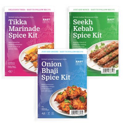 East at Home Starter Spice Kit Bundle - Tikka, Onion Bhaji, Seekh Kebab, Authentic Indian Spice Blends for Flavorful, Restaurant-Style Starters at Home, Easy to Prepare, 3 Packs