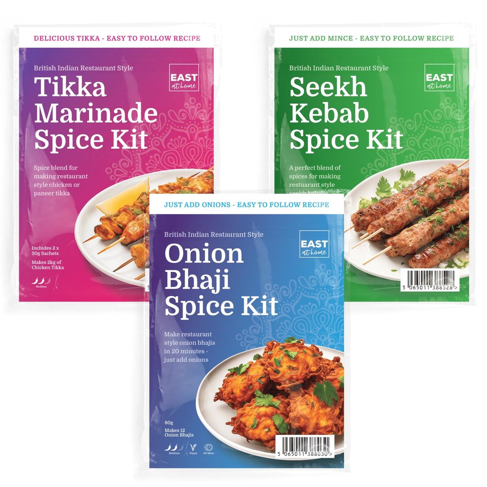East at Home Starter Spice Kit Bundle - Tikka, Onion Bhaji, Seekh Kebab, Authentic Indian Spice Blends for Flavorful, Restaurant-Style Starters at Home, Easy to Prepare, 3 Packs