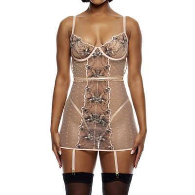 Forplay Just Peachy Embroidered Chemise Lingerie Set - Peach, Peach, Medium
