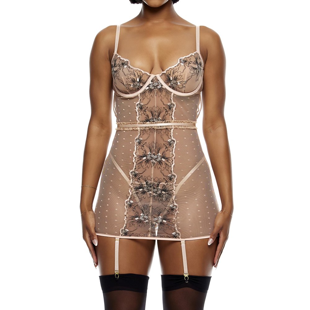 Forplay Just Peachy Embroidered Chemise Lingerie Set - Peach, Peach, Medium