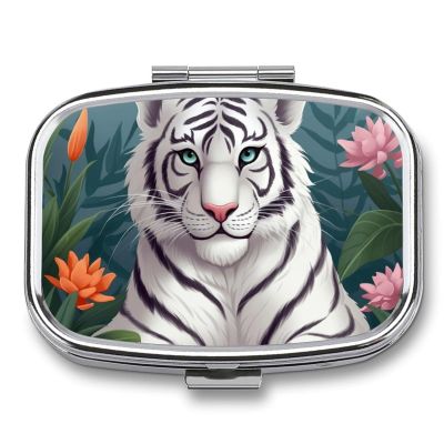 White Tiger Pill Organizer Cute Pill Box Decorative Metal Pill Case Portable Vitamin Organizer Travel Medicine Holder Mini Pill Storage Container for Purse