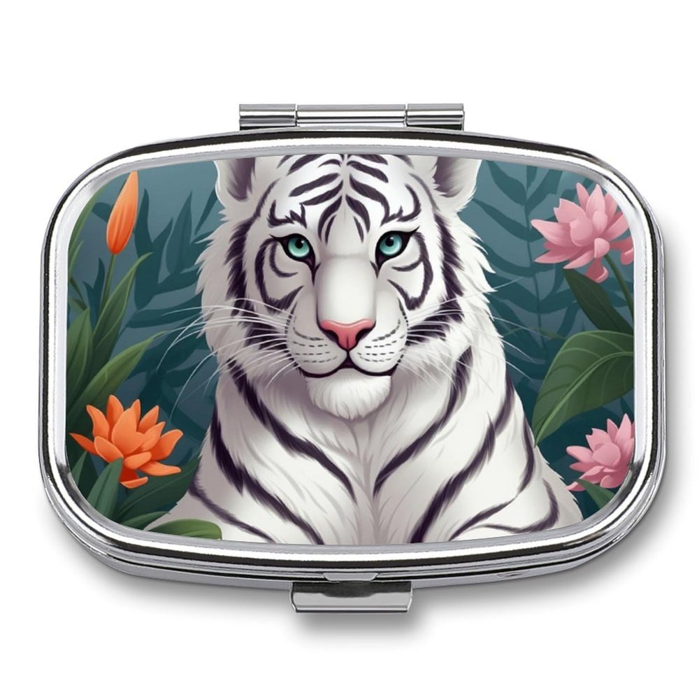 White Tiger Pill Organizer Cute Pill Box Decorative Metal Pill Case Portable Vitamin Organizer Travel Medicine Holder Mini Pill Storage Container for Purse