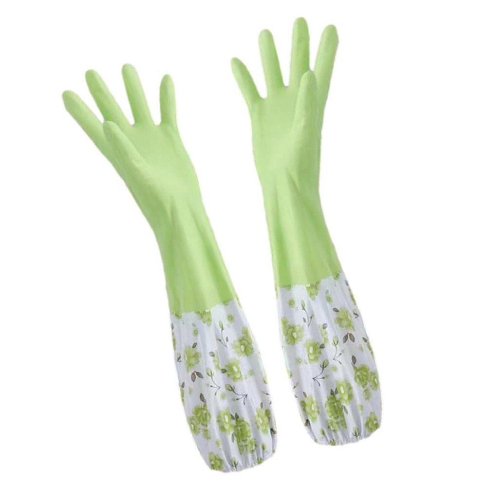 HAPINARY Thickened Fleece-lined Dish Washing Gloves for Kitchen Cleaning Winter Household Washing Gloves with Cuff Green Non-slip for Dishwashing and Home Cleaning