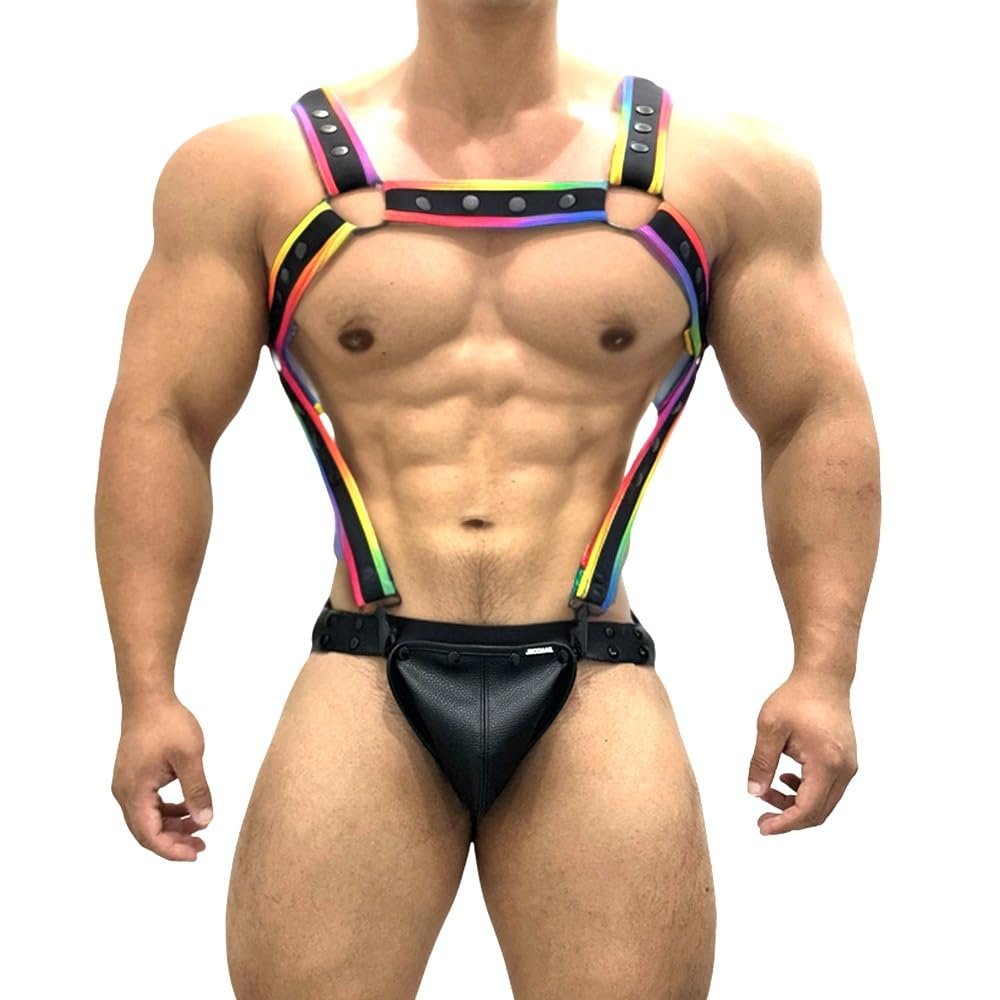 BaronHong Men's Body Chest Harness, Adjustable Elastic Waistband, Sexy Underwear, Halterneck Belt for Men, rainbow, M