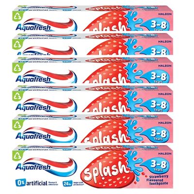 Aquafresh Splash 3-8 Years Strawberry Flavoured Children's Toothpaste, 6 Tubes, 50ml Each, 0% Artificial Flavour & Sweetener | Click on ' ' for More Bulk Options