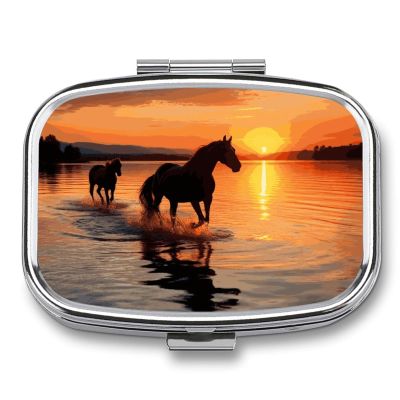 Sunsets Lake Horses Pill Organizer Cute Pill Box Decorative Metal Pill Case Portable Vitamin Organizer Travel Medicine Holder Mini Pill Storage Container for Purse