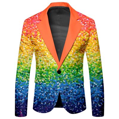 Mymyguoe Colourful Jacket Men's Suit Jacket New Year's Eve Party Performance Costume Colourful Outfit Carnival Rainbow Printed Blazer Outerwear Blazer New Year's Eve Coat Night Club Party Costume