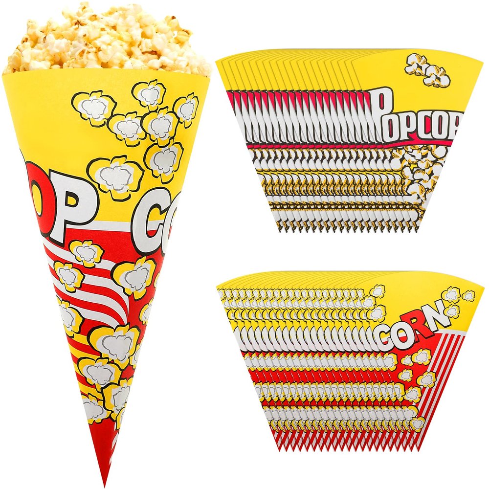 100pcs Popcorn Bags,Cone Shape Treat Candy Snack Container,for Movie Theater Wedding Birthday Party