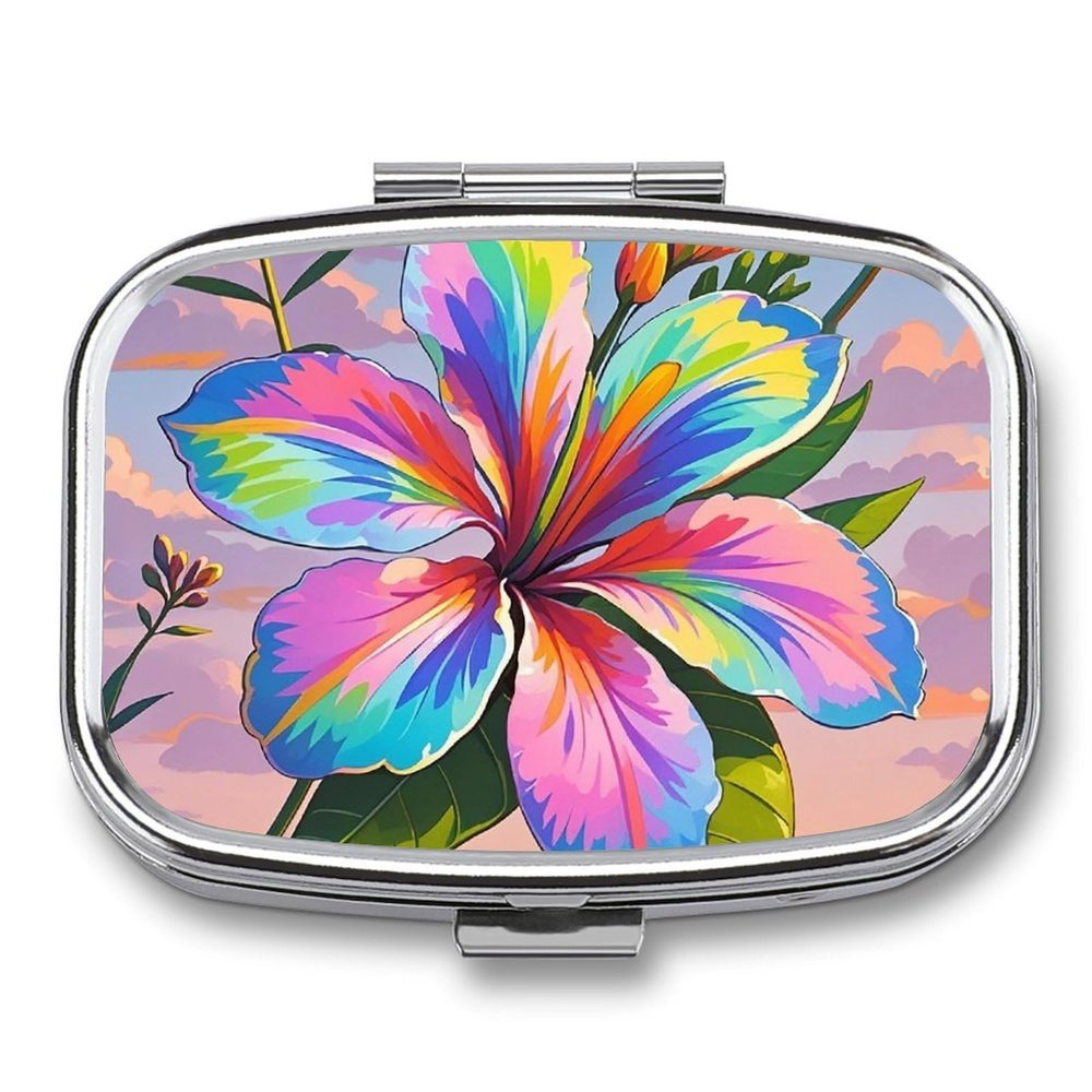 Eye-catching Hawaiian Flowers Pill Organizer Cute Pill Box Decorative Metal Pill Case Portable Vitamin Organizer Travel Medicine Holder Mini Pill Storage Container for Purse