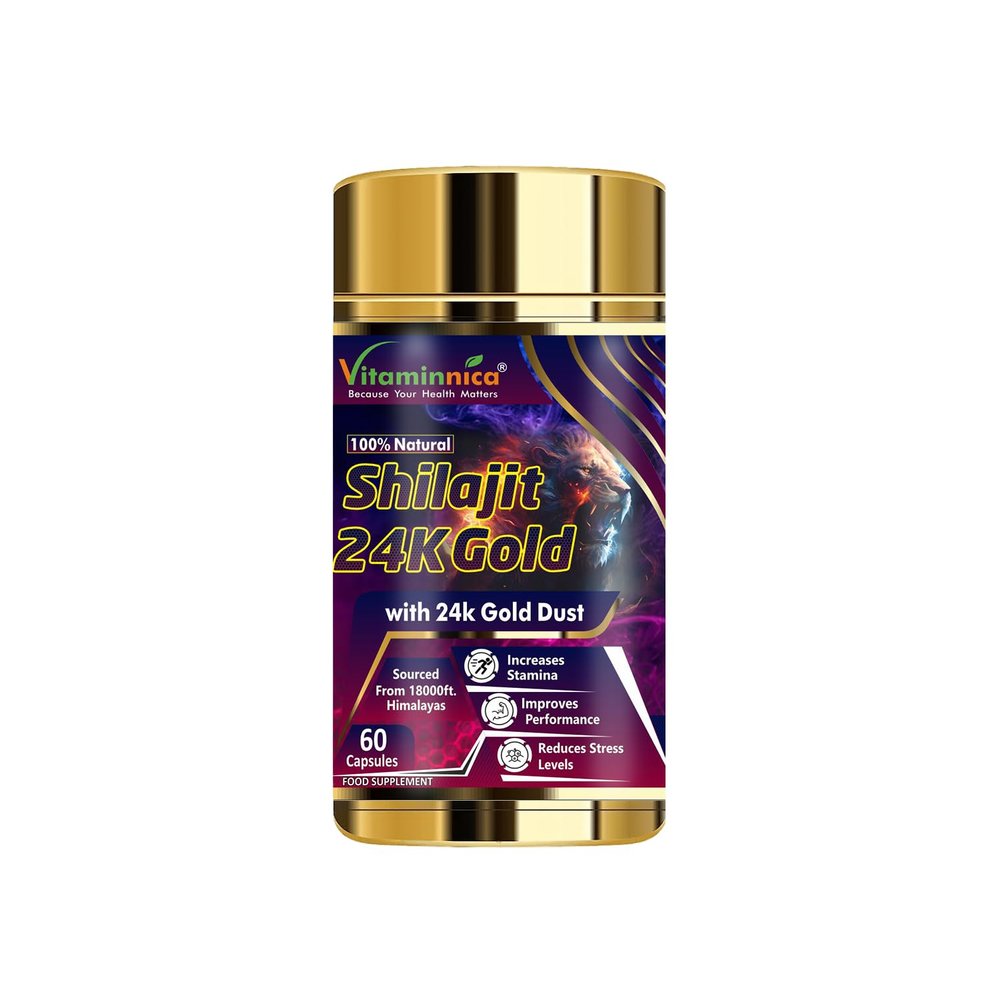 Vitaminnica Shilajit 24K Gold- 60 Capsules, Original Himalayan Shilajit- Gold Grade 100% Pure | Rich in Fulvic & Humic Acid, Minerals | Immune System & Vitality Booster | Vegan