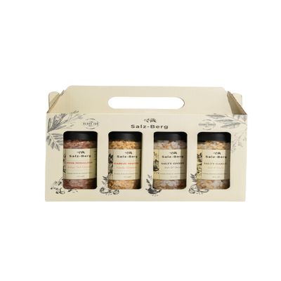 Salz-Berg Gourmet Salt Gift Set 4 Premium Seasonings in Glass Ceramic Grinders: Pink Himalayan, Garlic Master, Salty Onion & Salty Garlic Natural, Bold Flavours for Cooking & Finishing