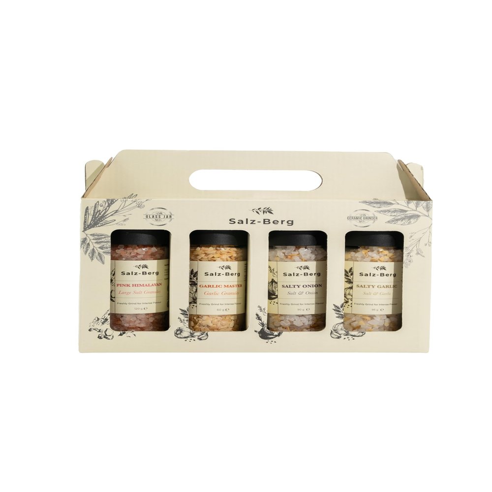 Salz-Berg Gourmet Salt Gift Set 4 Premium Seasonings in Glass Ceramic Grinders: Pink Himalayan, Garlic Master, Salty Onion & Salty Garlic Natural, Bold Flavours for Cooking & Finishing