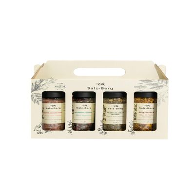 Salz-Berg Spice Gift Box 4 Premium Seasonings in Glass Grinders: Pink Himalayan, Rainbow Peppers, Mediterranean Plateau & BBQ Master Natural Gourmet Spice Set for Everyday Cooking