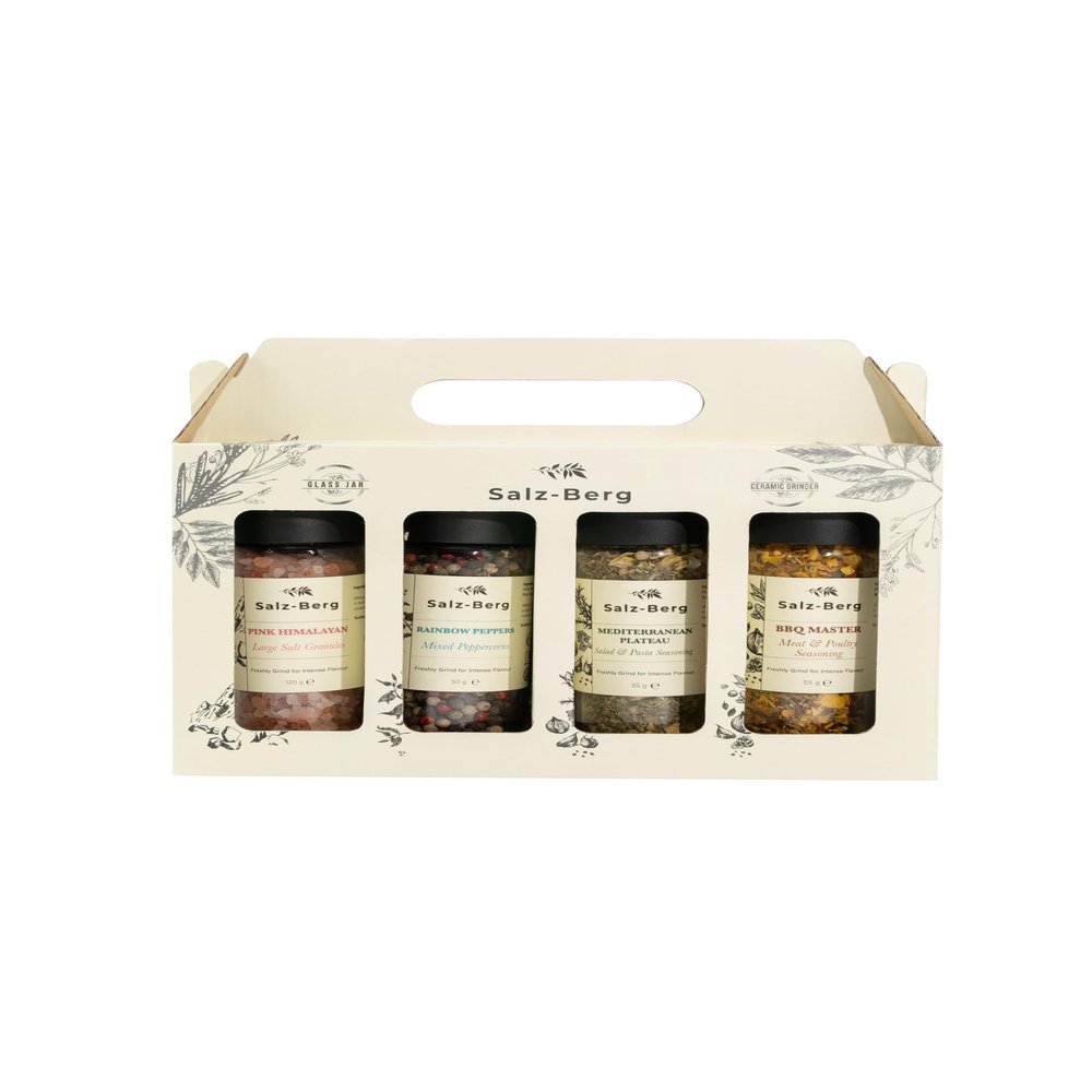 Salz-Berg Spice Gift Box 4 Premium Seasonings in Glass Grinders: Pink Himalayan, Rainbow Peppers, Mediterranean Plateau & BBQ Master Natural Gourmet Spice Set for Everyday Cooking