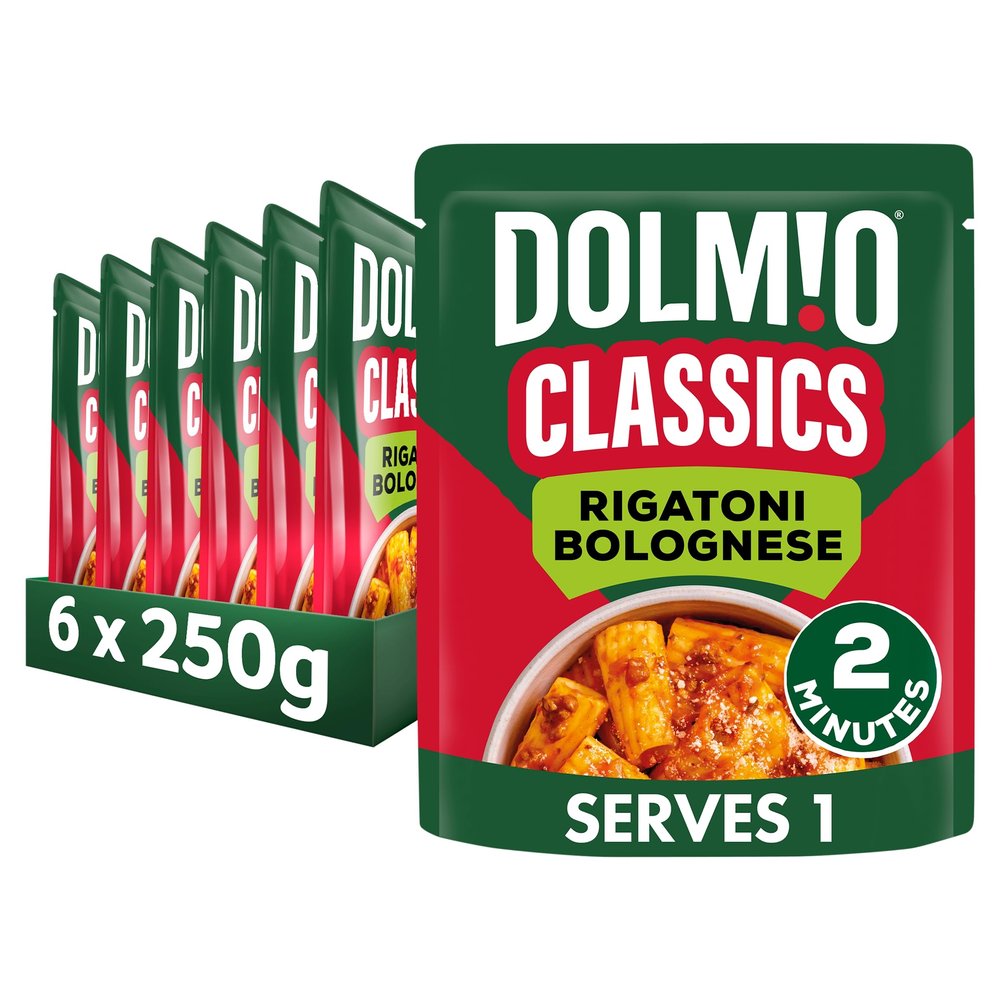 Dolmio Classics Pasta Rigatoni Bolognese Ready Meals Pouch, Bulk Multipack 6 x 250g